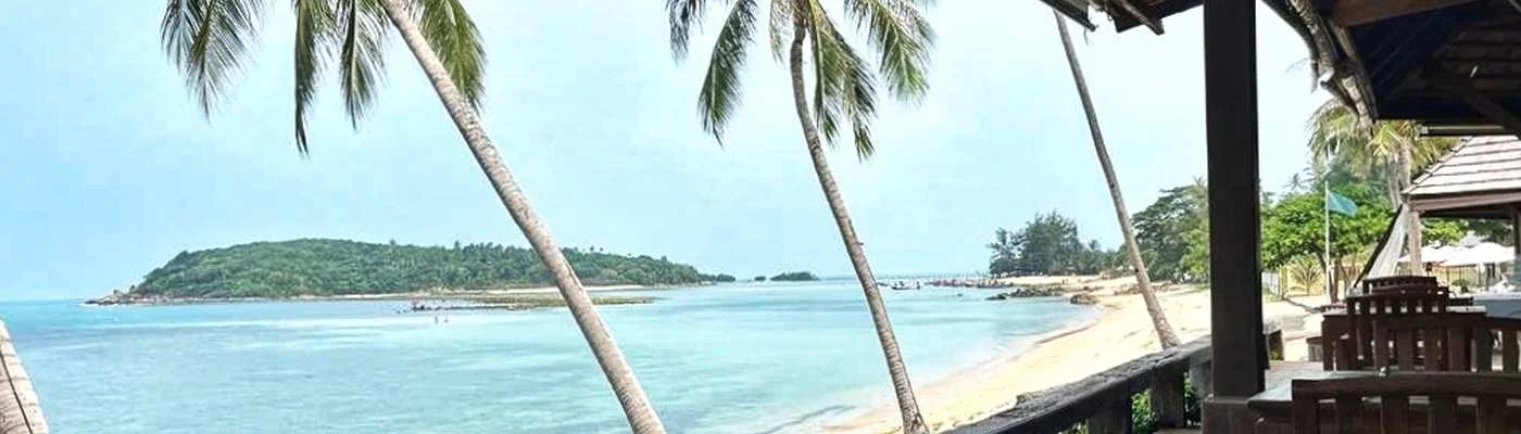 Blick vom Restaurant auf den Strand mit Palmen mit einer Insel im Hintergrund