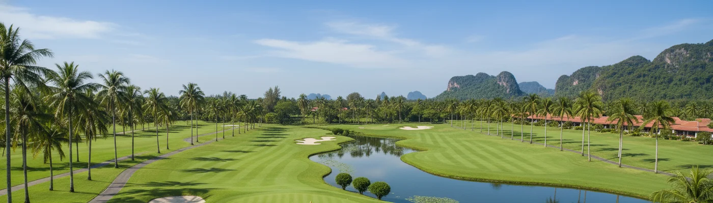 Golfplatz in Thailand mit Palmen und Bergen.
