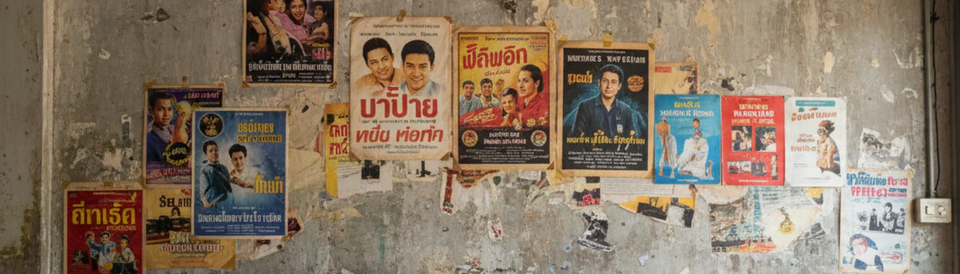 Alte Filmplakate an abgenutzter Wand.