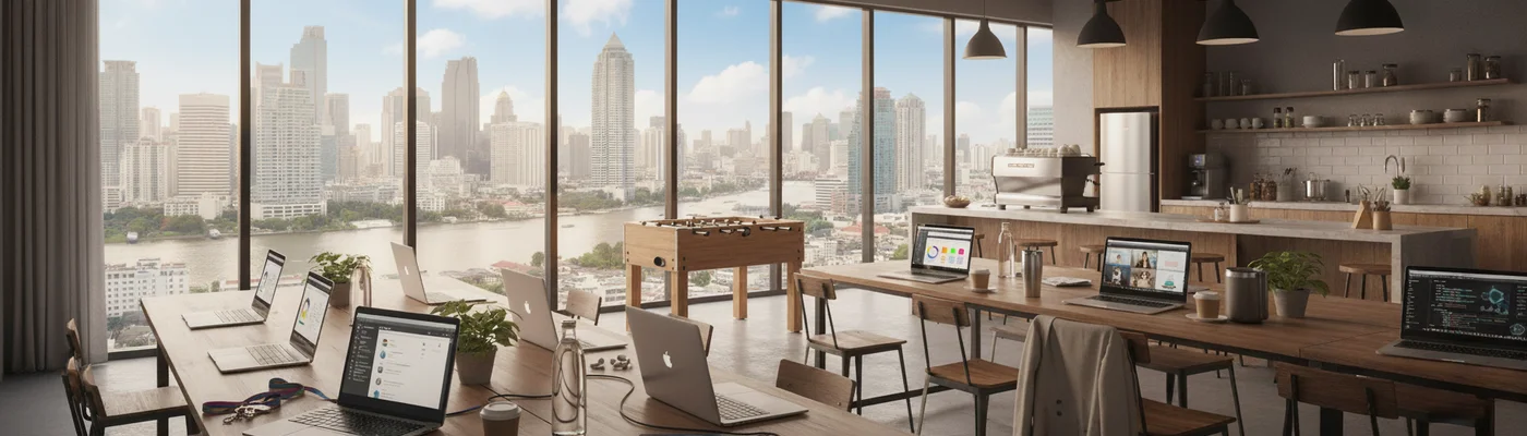 Ein Co-Working-Space in Bangkok mit Blick auf den Skyline und den Fluss