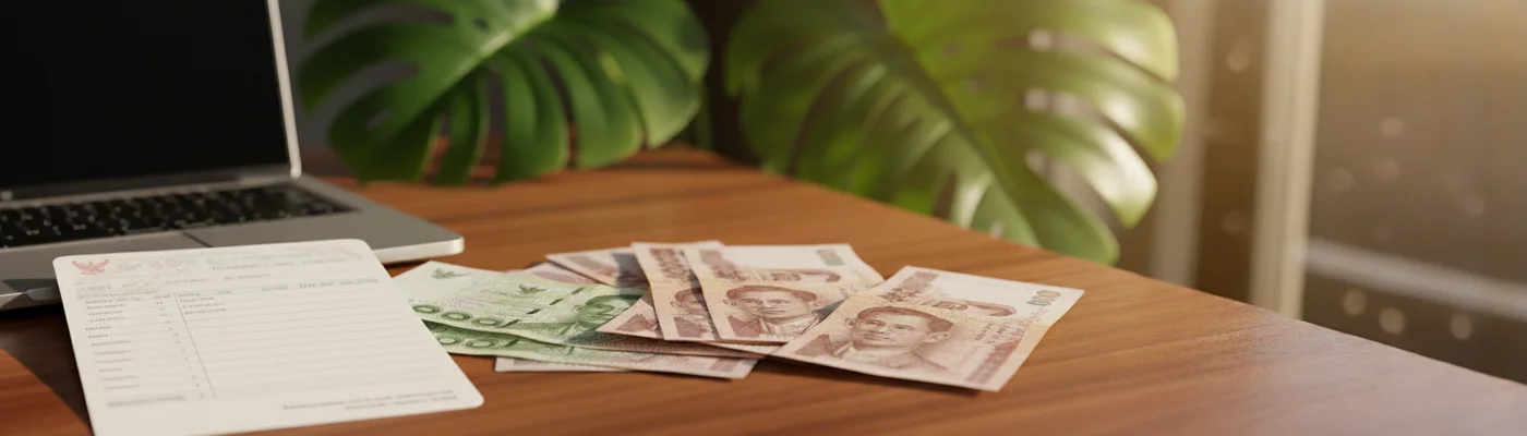 Kontoauszüge und Banknoten auf einem Schreibtisch mit Laptop