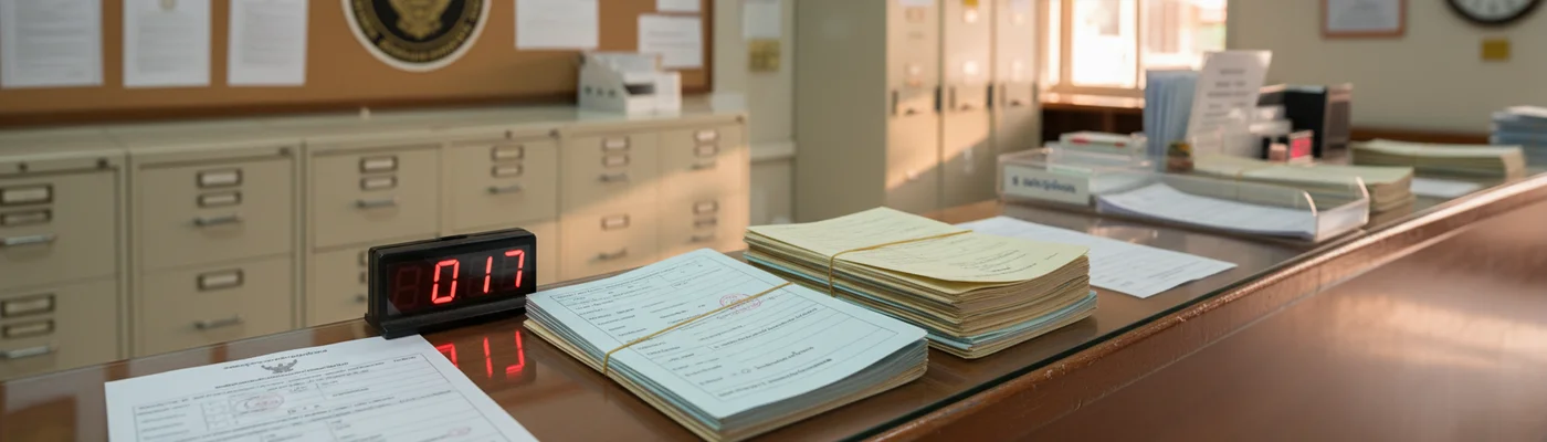 Immigration mit Akten und Wartemarke